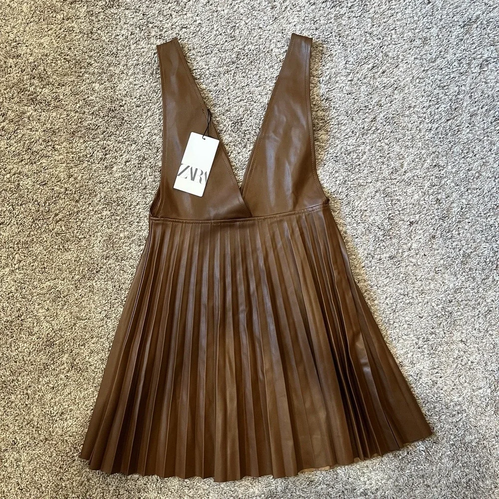 Zara Brown Faux Leather Pleated Strapless Pinafore Dress
